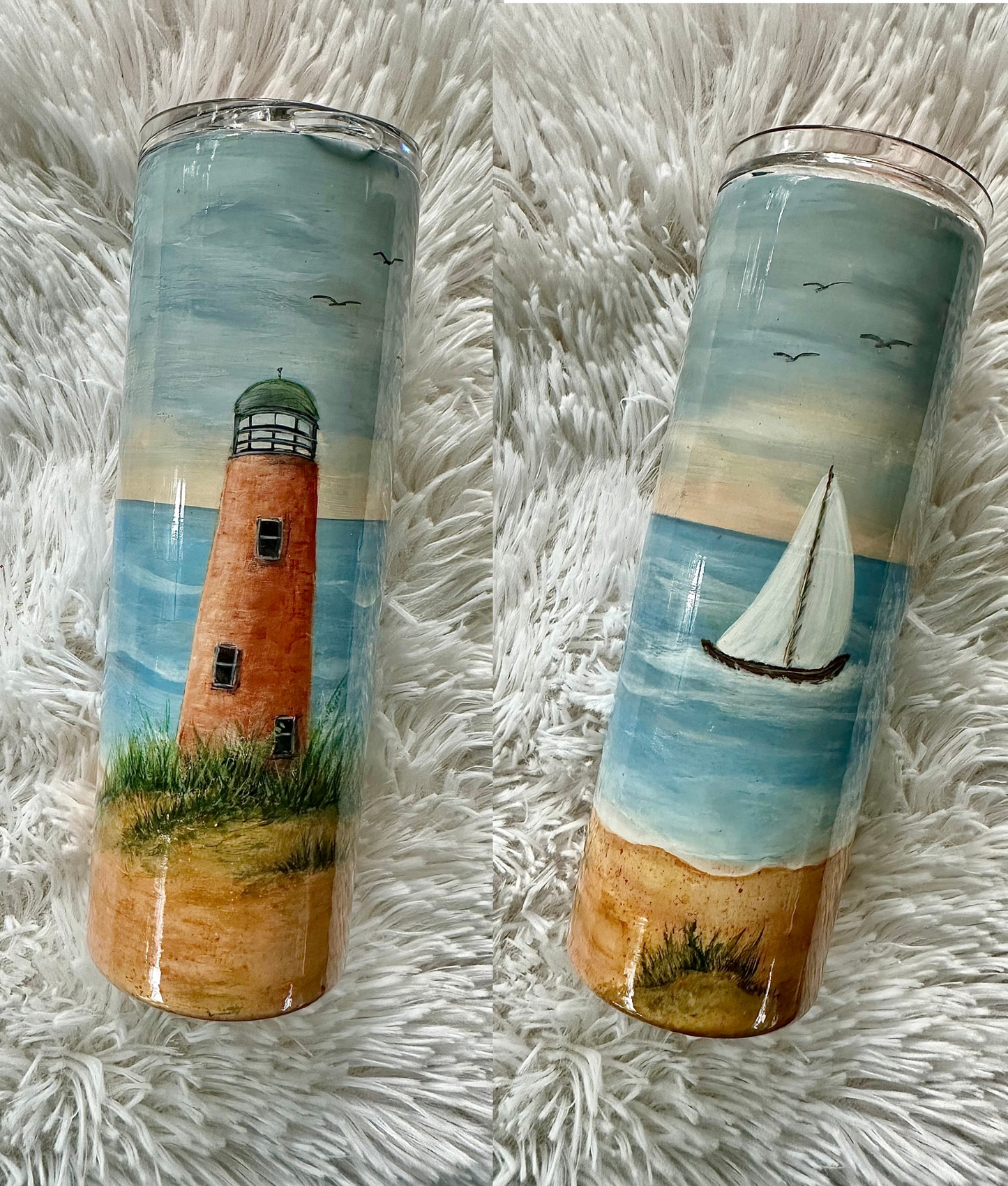“Coastal Lighthouse-and-Sailboat” (Hand painted 20oz Tumbler)
