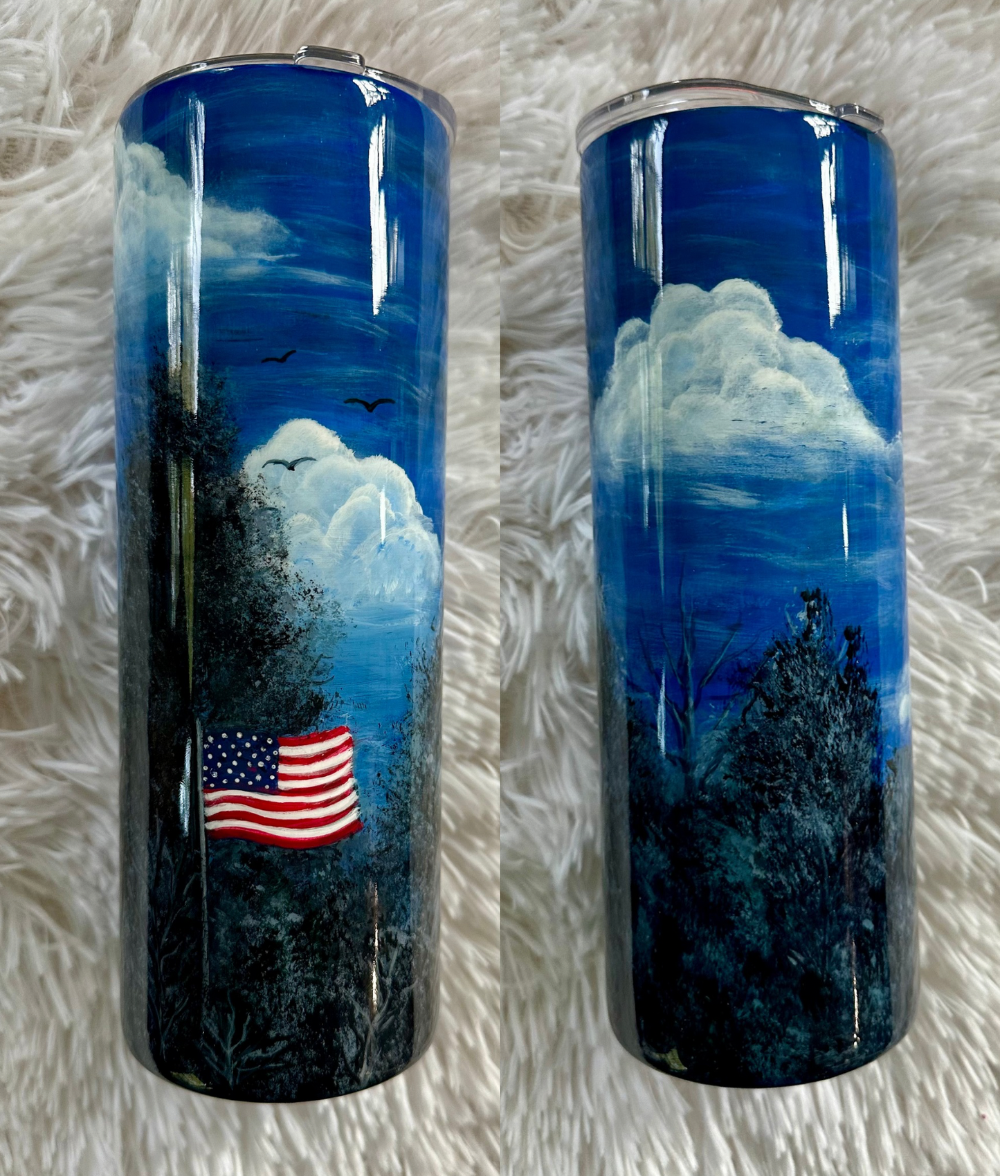 “Stars and Stripes Forest Scene” (Hand Painted 20 oz Tumbler)