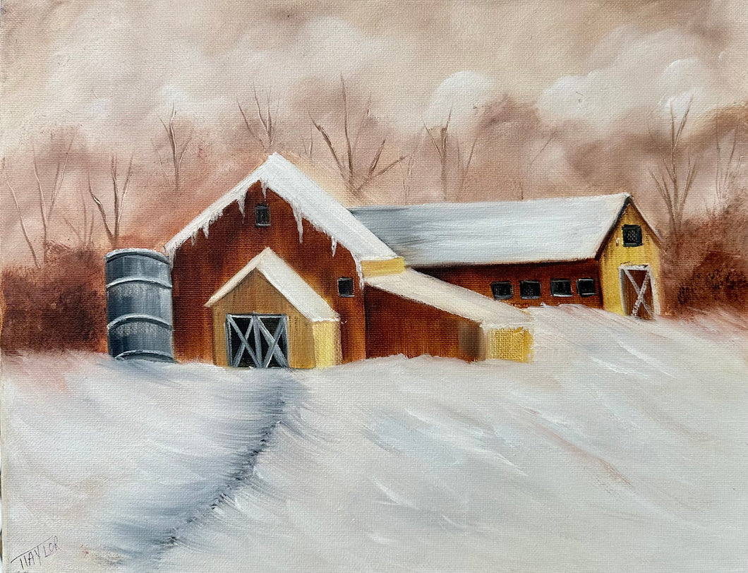 Winter Barn 11x14 oil painting