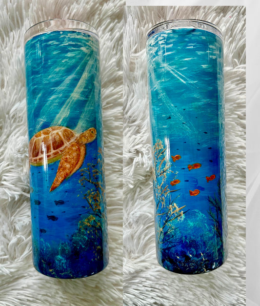 “Ocean Serenity” Sea Turtle Tumbler (Hand Painted 20 oz)