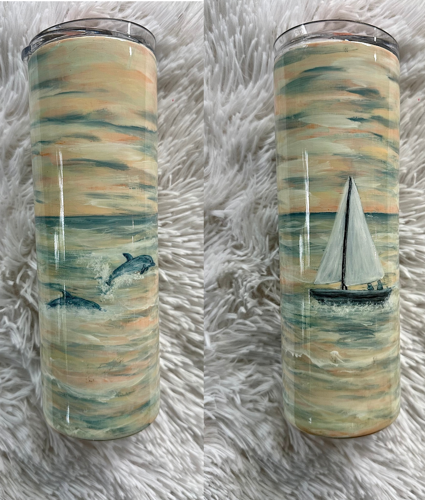 “Sunset Dolphins & Sailboat” (Hand Painted 20 oz Tumbler)